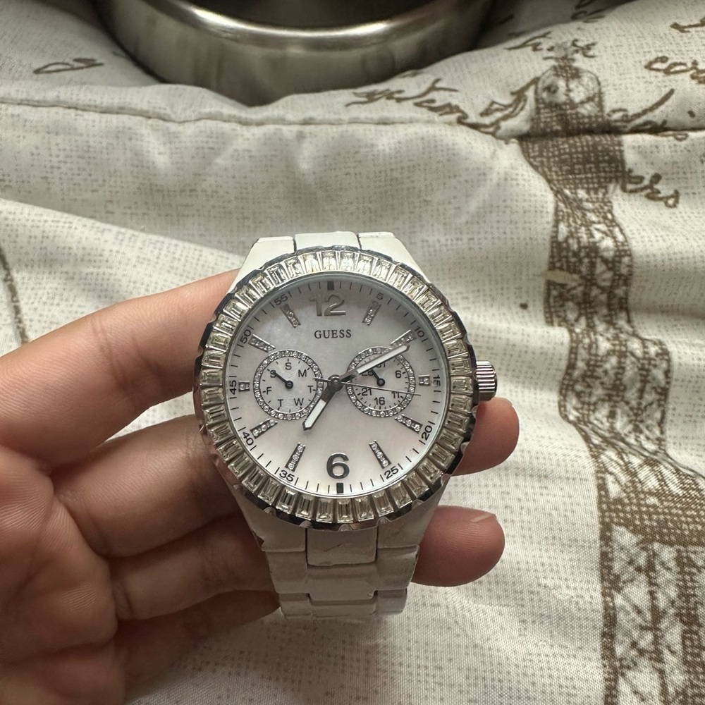 Guess Silver and White Chronograph Watch